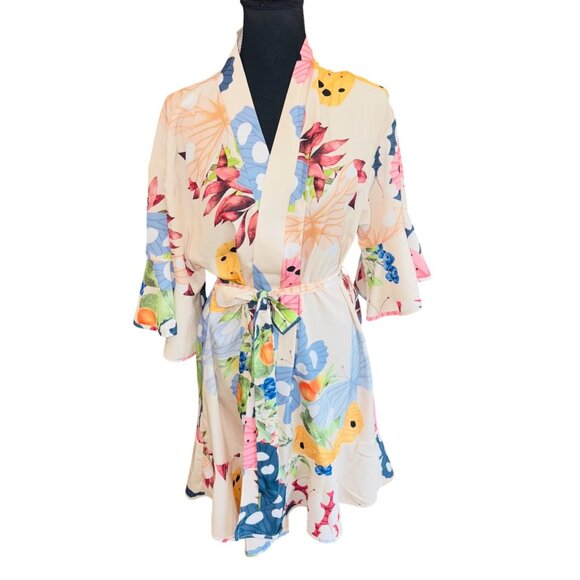 Floral Kimono Robe S/M Lightweight Polyester Multicolor Relaxed Coquette Sexy - Picture 1 of 8